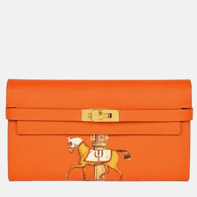 Pre-owned Hermes Kelly Wallet Long Orange Epsom Leather Wallet