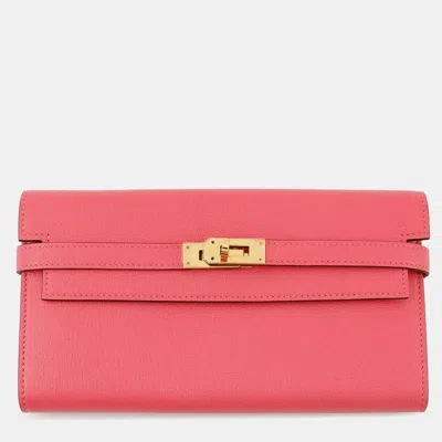 Pre-owned Hermes Kelly Wallet Long Rose Lipstick Chevre Myzore Goatskin In Pink