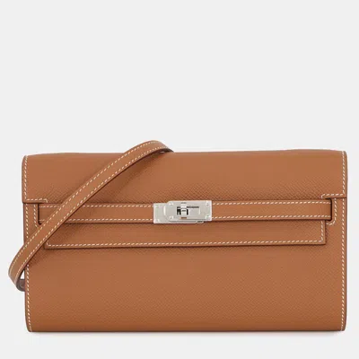 Pre-owned Hermes Kelly Wallet Long To Go Gold Epsom In Brown