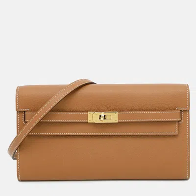 Pre-owned Hermes Kelly Wallet Long To Go Gold Evercolor In Brown