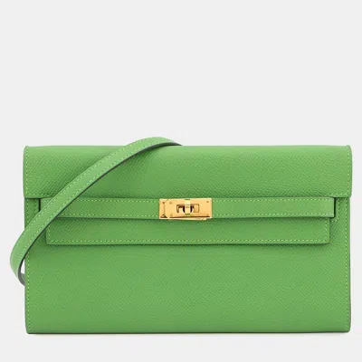 Pre-owned Hermes Kelly Wallet Long To Go Vert Yucca Epsom In Green