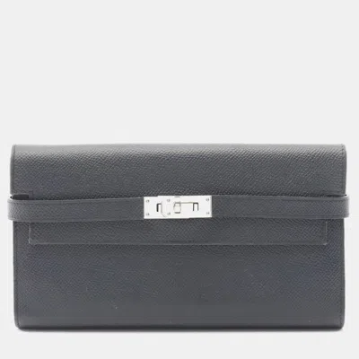 Pre-owned Hermes Kelly Wallet Long Verso Bifold Leather Calfskin Epsom Navy In Blue