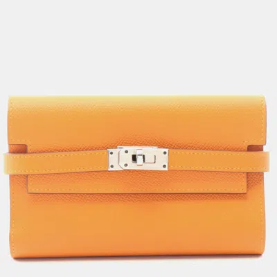 Pre-owned Hermes Kelly Wallet Medium Verso Tri-fold Leather Veau Epsom Orange