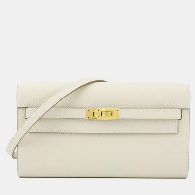 Pre-owned Hermes Kelly Wallet To Go Craie Epsom In White