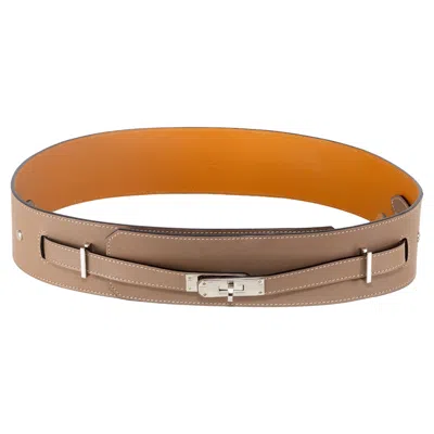 Pre-owned Hermes Kelly Wide Belt Grey Camel Palladium Hw - New In Gray