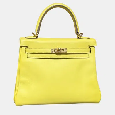 Pre-owned Hermes Kelly25 9r Lemon Yellow Swift Gold Hardware D Stamp