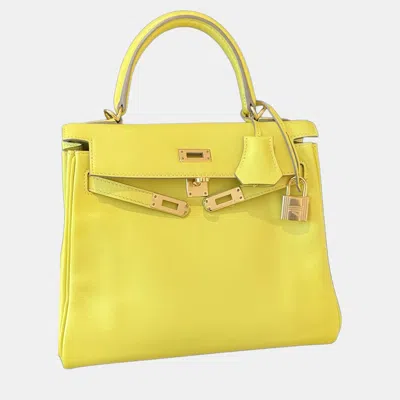 Pre-owned Hermes Kelly25 9r Lemon Yellow Swift Gold Hardware D Stamp