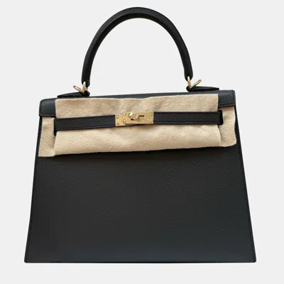 Pre-owned Hermes Kelly25 Gris Plomb Epsom Cp Pale Gold Hw / Champagne In Blue