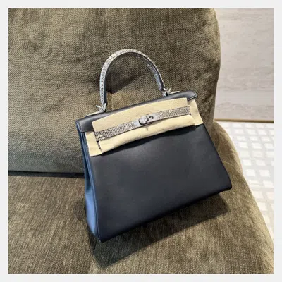 Pre-owned Hermes Kelly25 Touch Lizard Black Silver Hw With Natural Lizard