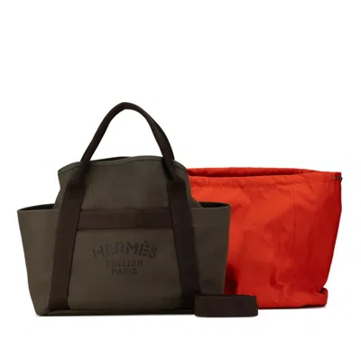 Pre-owned Hermes Khaki Canvas Leather Shoulder Bag Tote Bag ()
