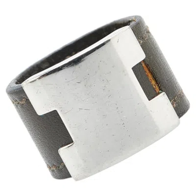 Pre-owned Hermes Khaki Silver Leather Metal Band Ring ()