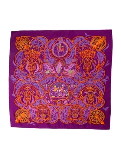 Pre-owned Hermes La Charmante Aux Animaux Silk Scarf In Purple