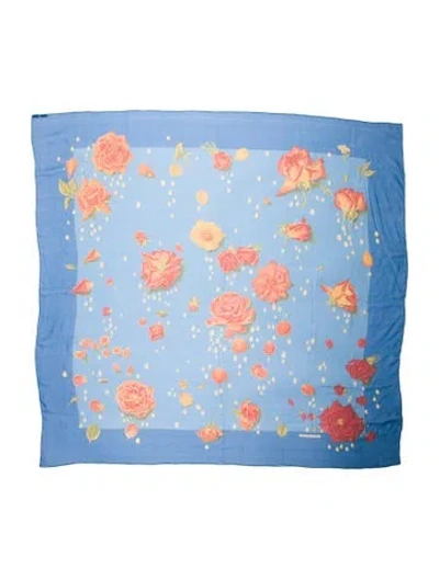 Pre-owned Hermes La Rosee Mousseline Silk Shawl In Blue