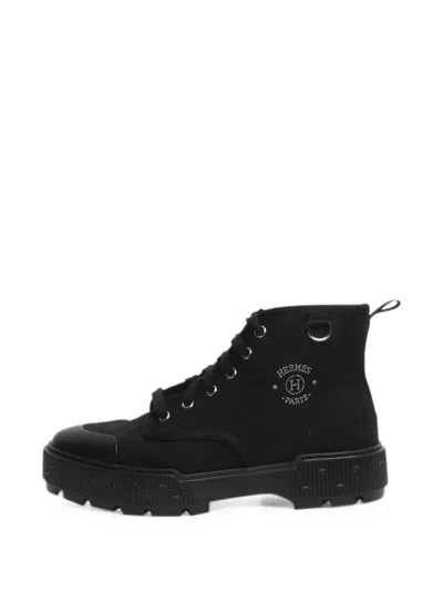 Pre-owned Hermes Lace-up Canvas Combat Boots In Black