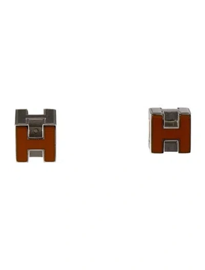 Pre-owned Hermes Lacquer Cage D'h Stud Earrings In Orange