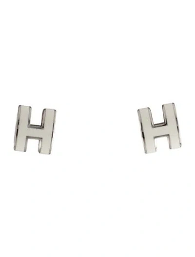 Pre-owned Hermes Lacquer Mini Pop H Stud Earrings In White