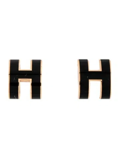 Pre-owned Hermes Lacquer Pop H Stud Earrings In Black
