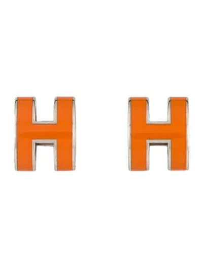 Pre-owned Hermes Lacquer Pop H Stud Earrings In Orange
