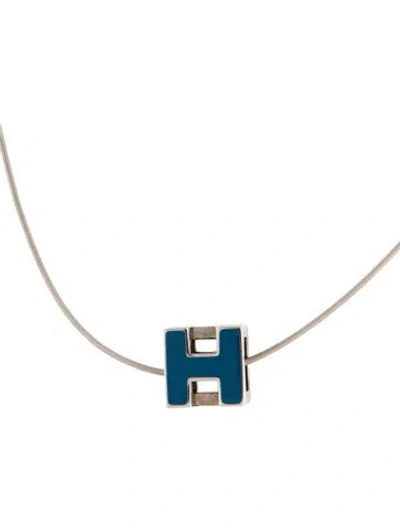 Pre-owned Hermes Lacquered Cage D'h Pendant Necklace, 17" In Blue