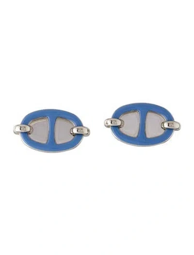 Pre-owned Hermes Lacquered Mini Maillon Stud Earrings In Blue