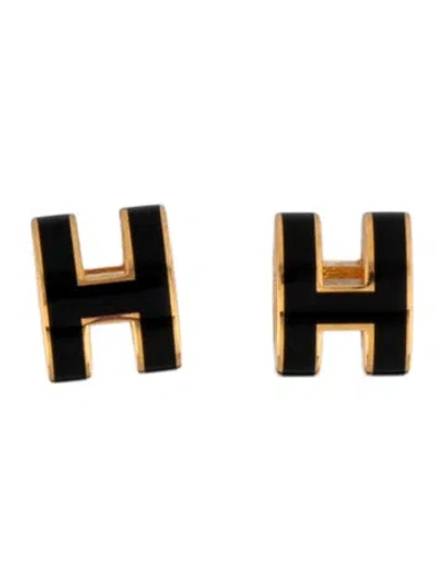 Pre-owned Hermes Lacquered Mini Pop H Stud Earrings In Black