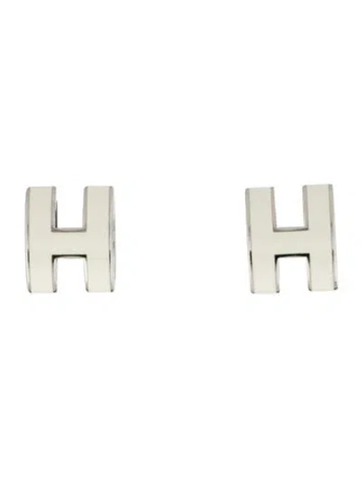 Pre-owned Hermes Lacquered Pop H Stud Earrings In White