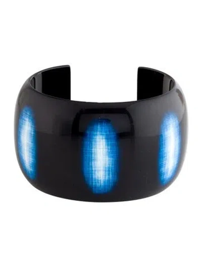 Pre-owned Hermes Lacquered Wood Komo Cuff, 7" In Black/blue/white