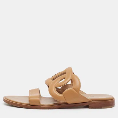 Pre-owned Hermes Lagune Size 37 Brown Leather Flat Slides