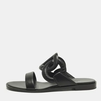 Pre-owned Hermes Lagune Size 39 Black Leather Flat Slide