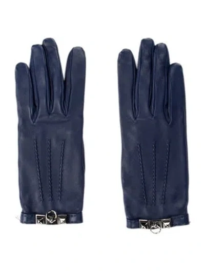 Pre-owned Hermes Lambskin Collier De Chien Gloves In Blue