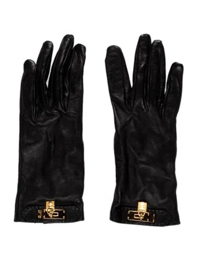 Pre-owned Hermes Lambskin Soya Kelly Lock Gloves In Black