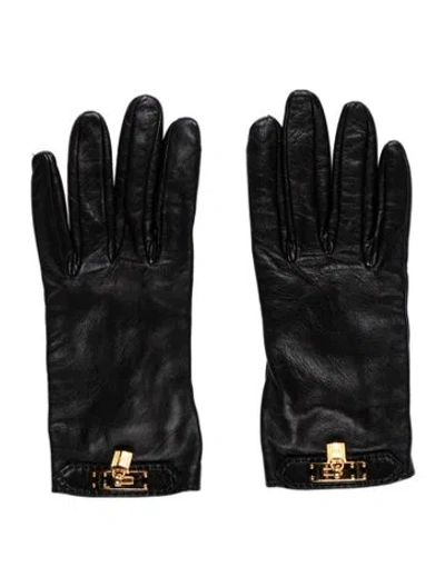 Pre-owned Hermes Lambskin Soya Kelly Lock Gloves In Black