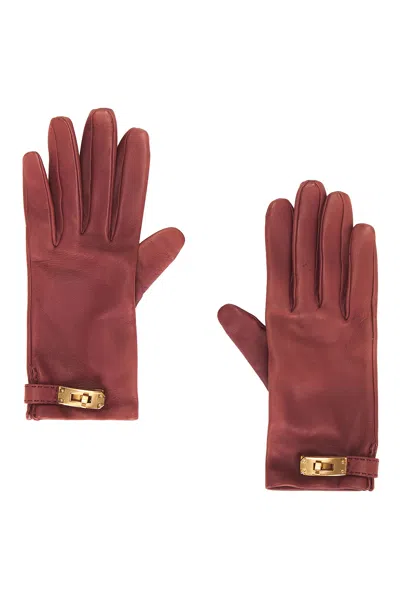 Pre-owned Hermes Lambskin Soya Kelly Lock Gloves In Brown