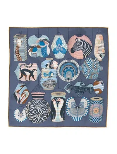 Pre-owned Hermes Lanternes, Ballons Et Cocardes Pocket Square Silk Scarf In Blue