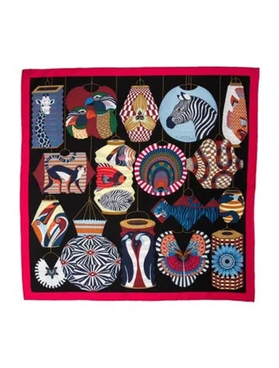 Pre-owned Hermes Lanternes, Ballons Et Cocardes Silk Scarf In Black
