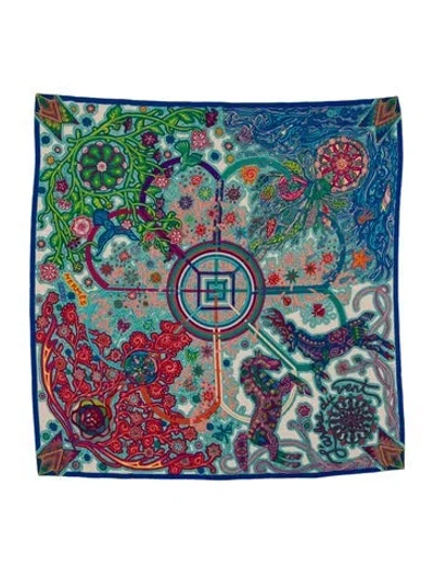 Pre-owned Hermes L'arbre Du Vent Cashmere Shawl In Blue