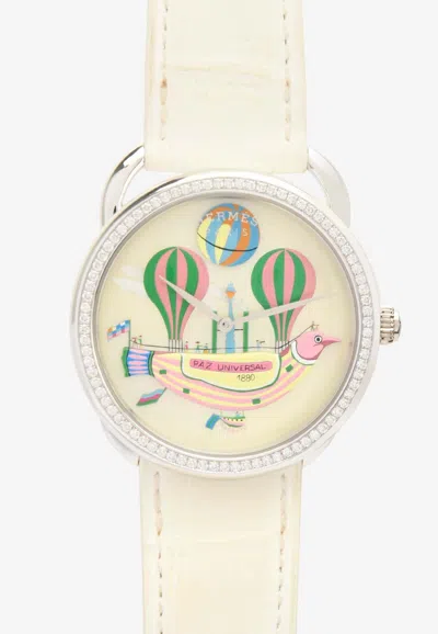 Pre-owned Hermes Large Arceau Les Folies Du Ciel 38mm Watch In Matte Alligator Single Tour Strap And Diamond Bezel In White