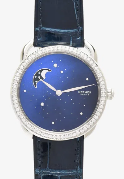 Pre-owned Hermes Large Arceau Petite Lune 38mm Watch In Shiny Alligator Single Tour Strap And Diamond Bezel In Bleu Saphir