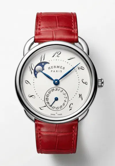Hermes Large Arceau Petite Lune 38mm Watch In Shiny Red Alligator Single Tour Strap In Pink