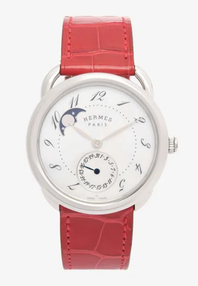 Pre-owned Hermes Large Arceau Petite Lune 38mm Watch In Shiny Red Alligator Single Tour Strap