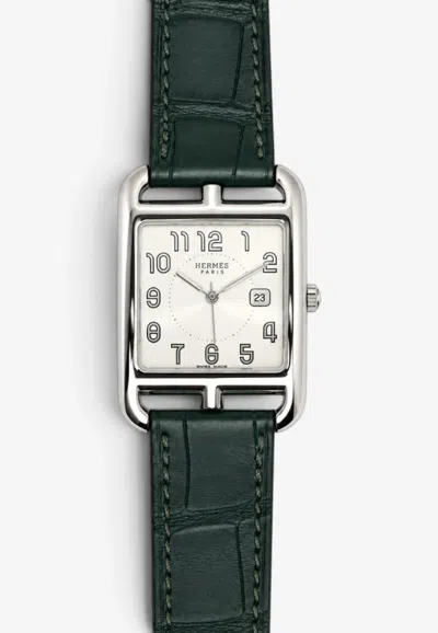 Hermes Large Cape Cod Watch 37mm In Cypres Matte Alligator Single Tour Strap In Green