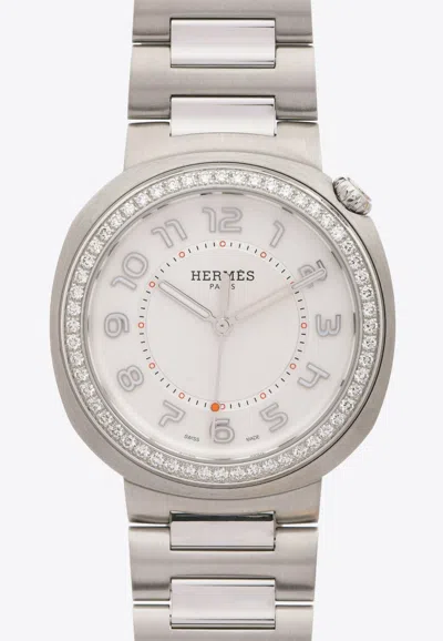 Pre-owned Hermes Large Hermès Cut 36mm Watch In Single Tour Bracelet And Diamond Bezel In Silver