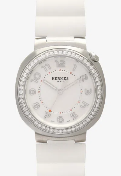 Pre-owned Hermes Large Hermès Cut 36mm Watch In White Rubber Strap And Diamond Bezel