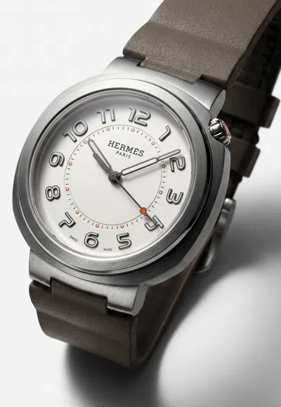 Hermes Large Hermès Cut 36mm Watch With Gris Etain Rubber Strap In Red