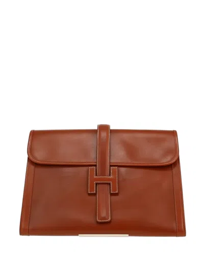 Pre-owned Hermes Large Jige Leather Pouch In Brown