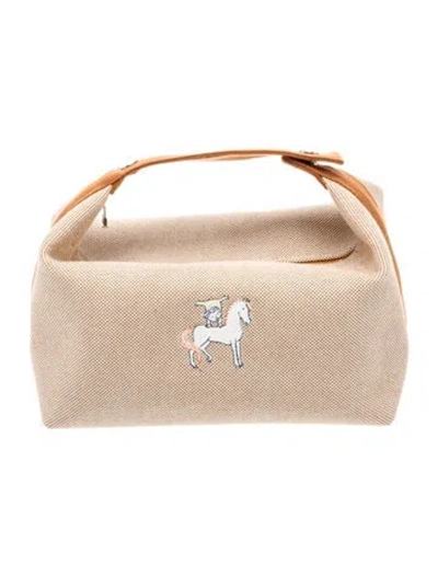 Pre-owned Hermes Large Toile Bride-a-brac Cabriole Case In Neutral