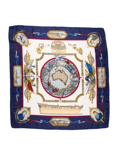 Pre-owned Hermes Le Geographe Silk Scarf In Blue
