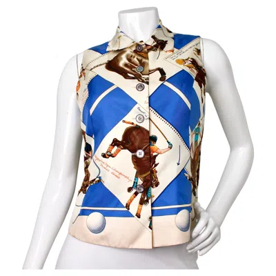 Pre-owned Hermes "le Monde Du Polo" Silk Print Vest Circa 1980s In Sand