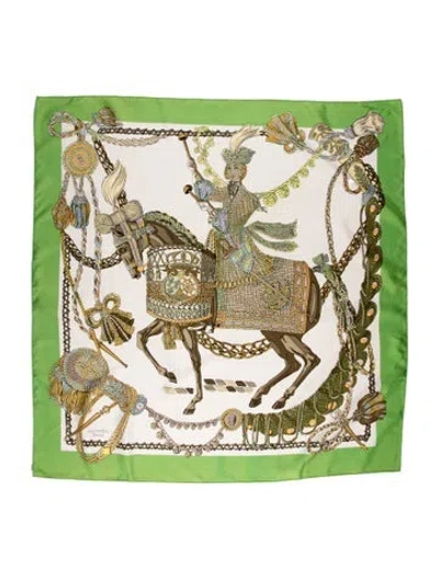 Pre-owned Hermes Le Timbalier Silk Scarf In Green