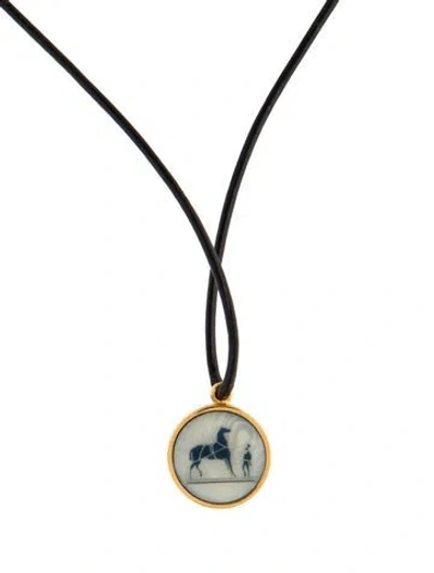 Pre-owned Hermes Leather & Horn Bijouterie Fantaisie Pendant Necklace, 27" In Black